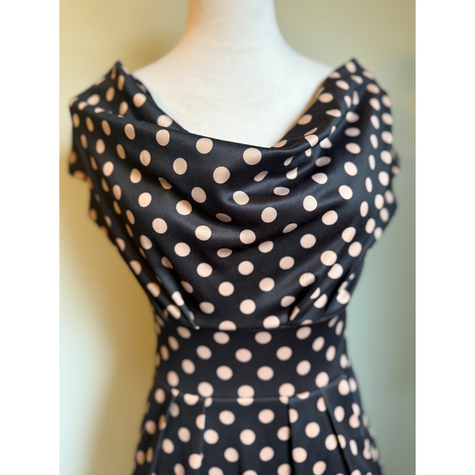 Pink Martini Black Beige Polka Dot Draped Neck Sheath Dress S retro whimsi Y2K