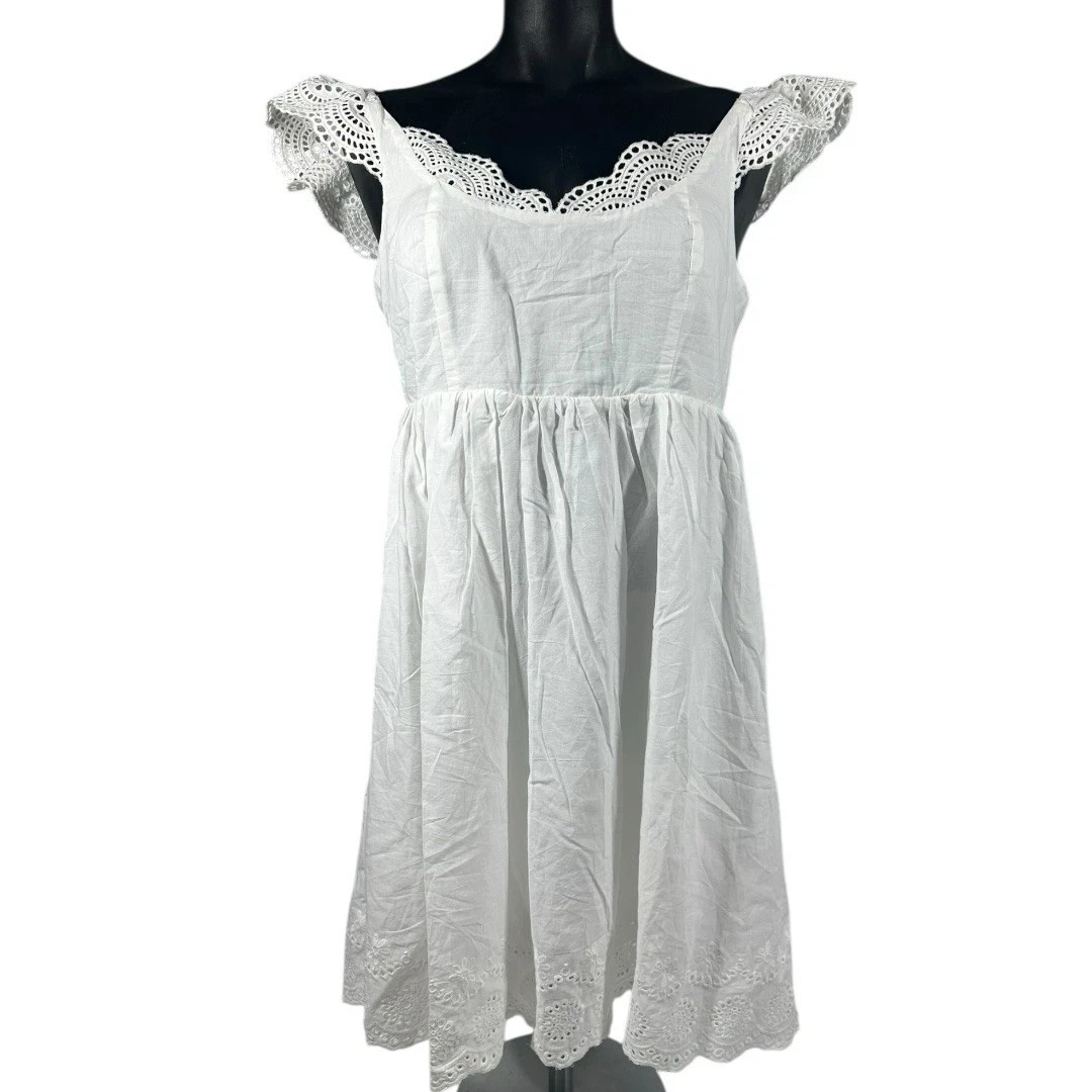 Lulus White Mini Sundress Small NWT Eyelet Hem Lace Flutter Sleeves Lined Cotton