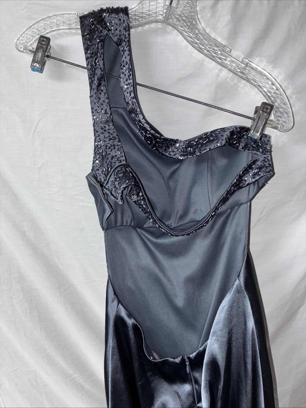 Blondie Nites by Stacy Sklar Blue Satin Gown – Size 5, One-Shoulder Mermaid Fit