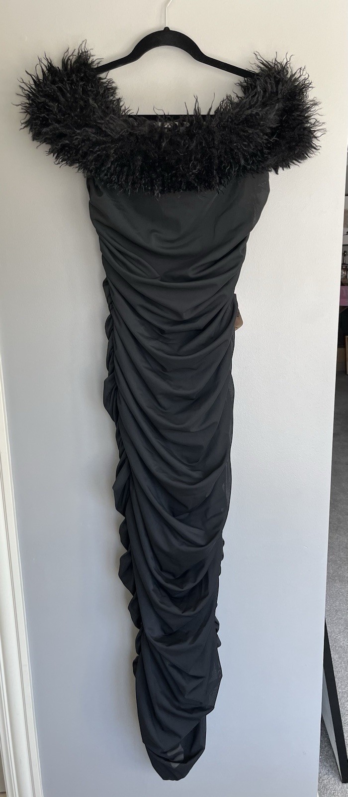 PLT Label Bardot Ruched Midaxi Dress • Faux Shearling Mesh • Size 8 • NWT