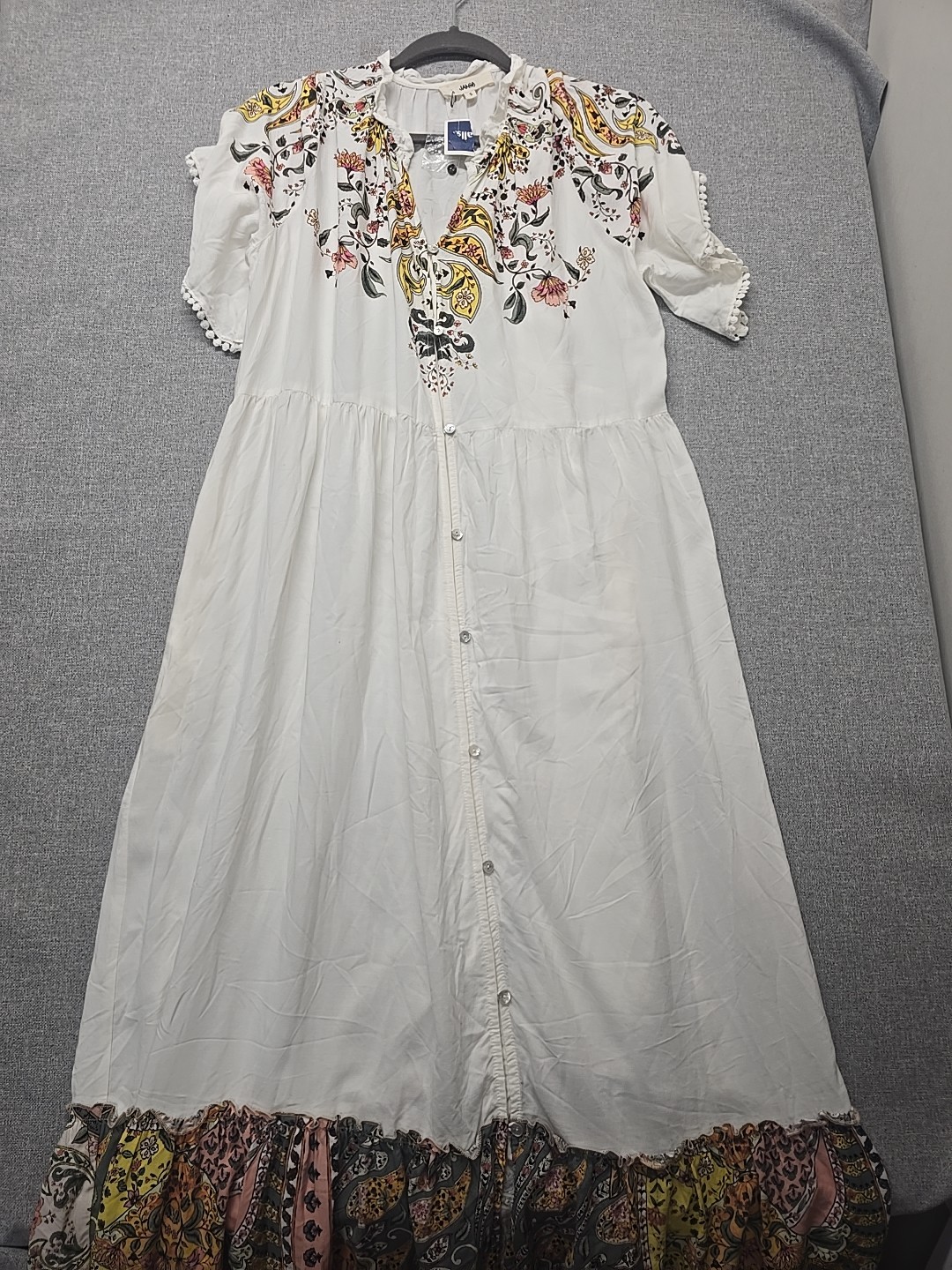 Jaase Dress Womens Size Small White W/ Floral Print Long Front Button Boho NWT