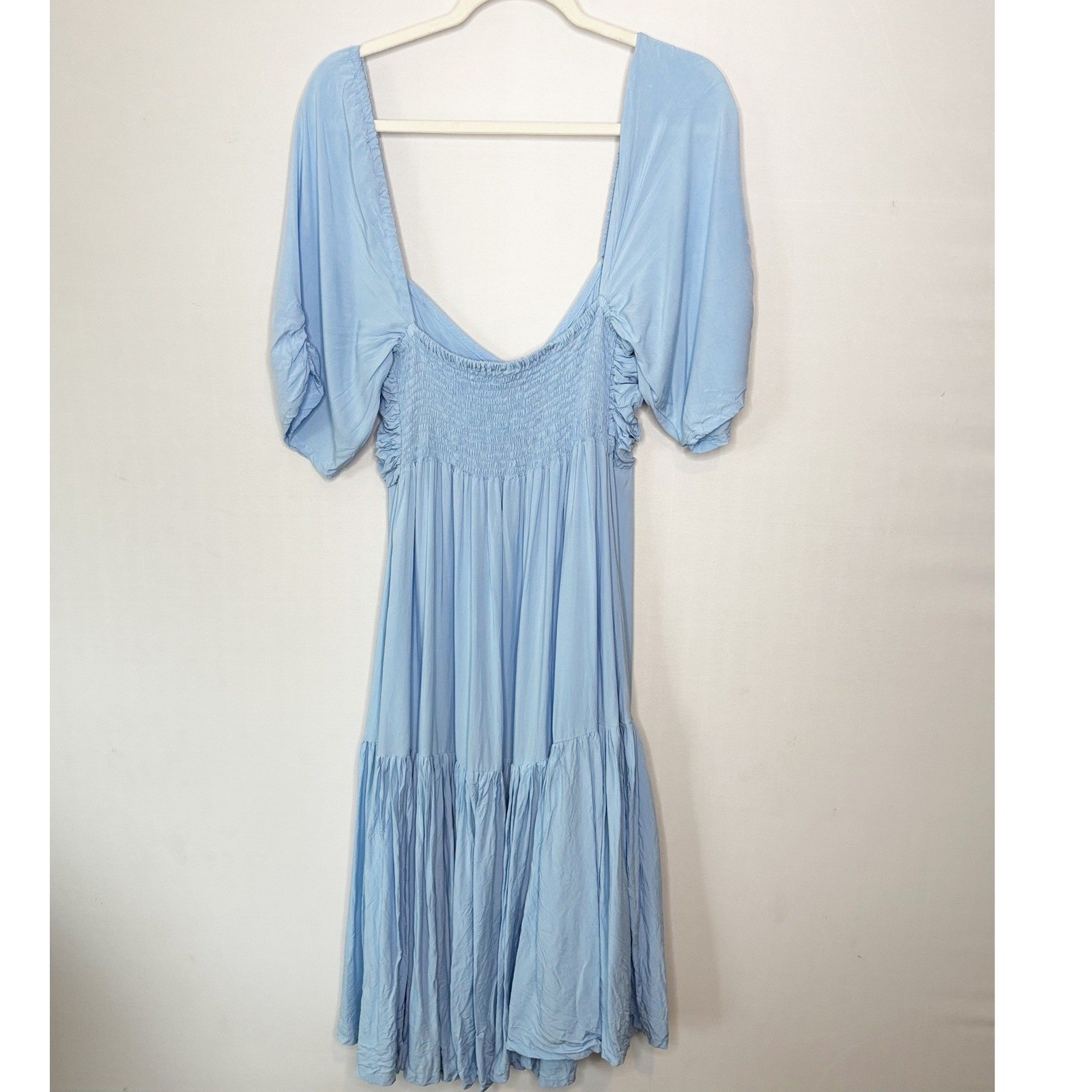 ELF Made By Hand Bali Blue Ruched Button Front Puff Sleeve Midi Dress Size XL