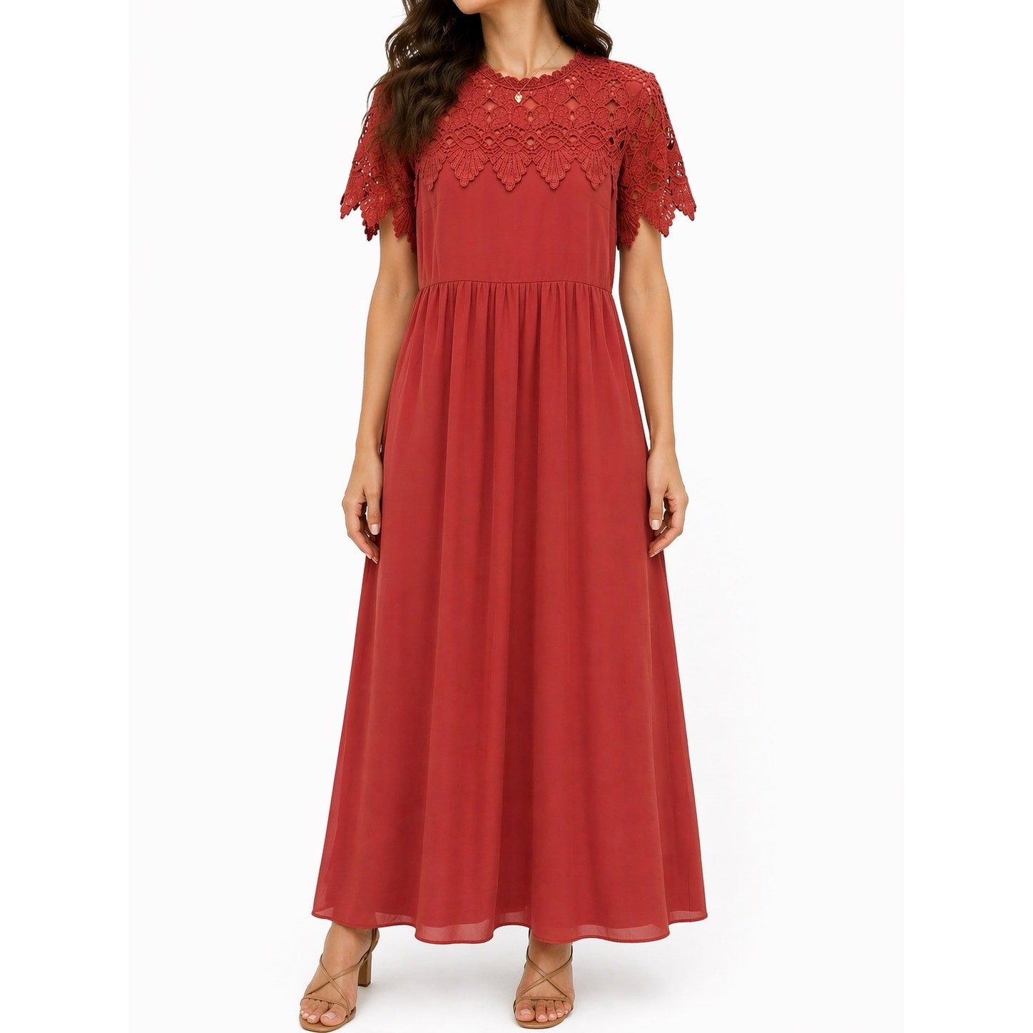 ROOLEE Fiona Rust Red Lace Maxi Dress Crochet Overlay Modest Boho Romantic Large