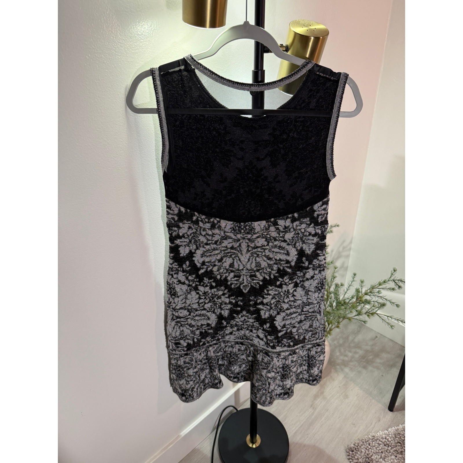 Le Lis stretch mini bodycon sheer panel damask SM black gray french grunge euc