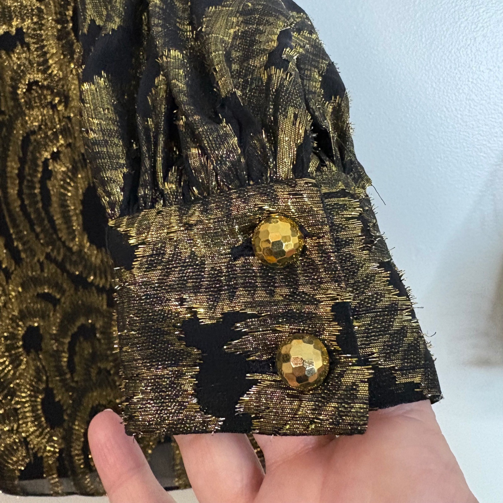 Milly New York Black Gold Metallic Silk Long Sleeve Dress with Tie Back Size 6
