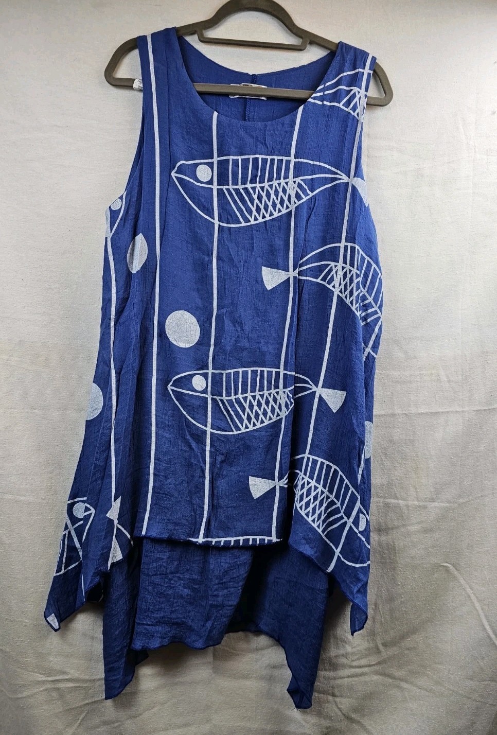 India Boutique Blue W/White Fish Sundress Women’s One Size Asymmetrical Hemline