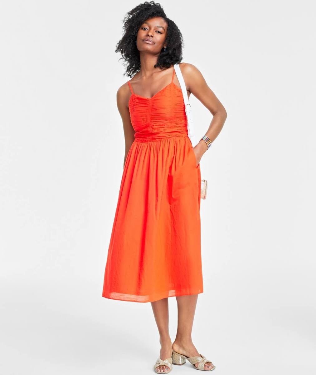 ON 34TH Smocked Bodice Strappy Cotton Midi Dress Spicy Papaya Size S