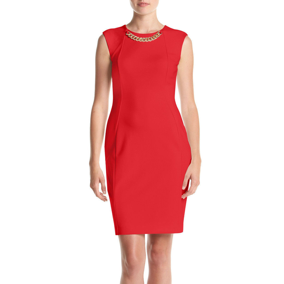 NWT-Calvin Klein ~Size 10~ Chain Neckline Ponte Red Sheath Dress Retail $134