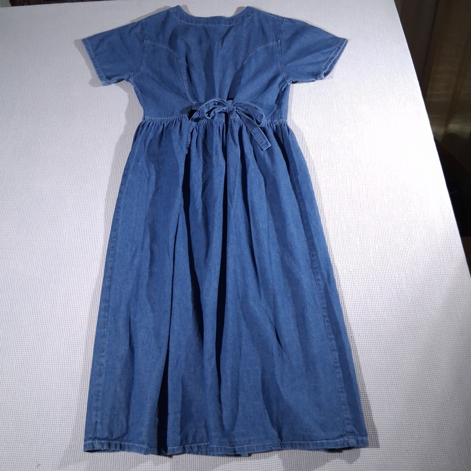 VTG Blue Cotton Embroidered Neck Button Front Midi Country Cottagecore Dress LG