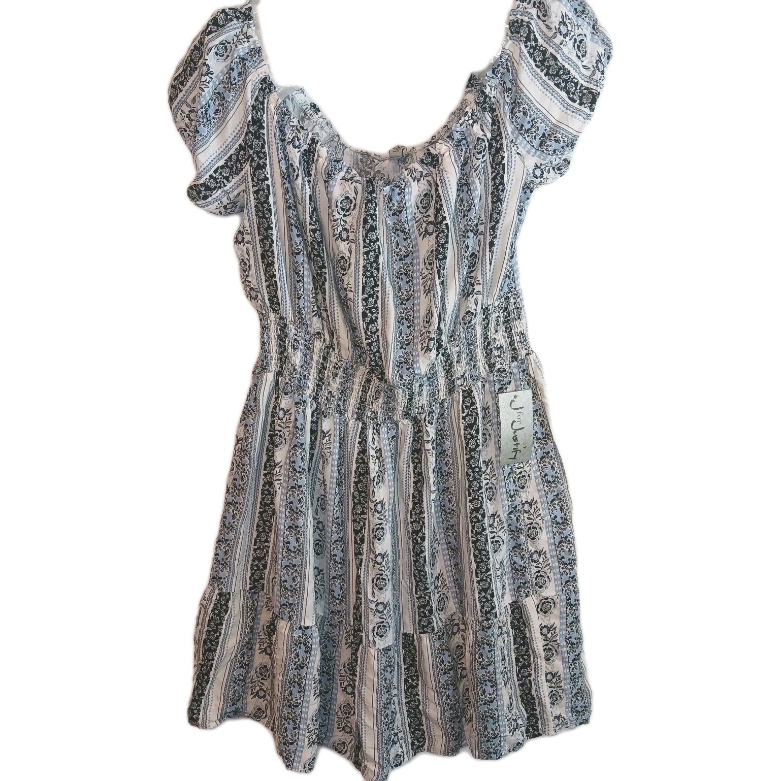 J for Justify Floral Print Dress Size 2X Lt Blue, Navy, Cream Elastic Waist