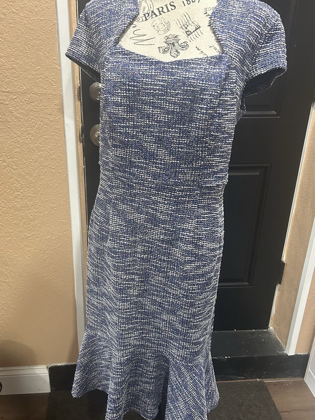 Grace Karin Blue White Tweed Square Neck Sheath Midi Dress Short Sleeve XL NWT