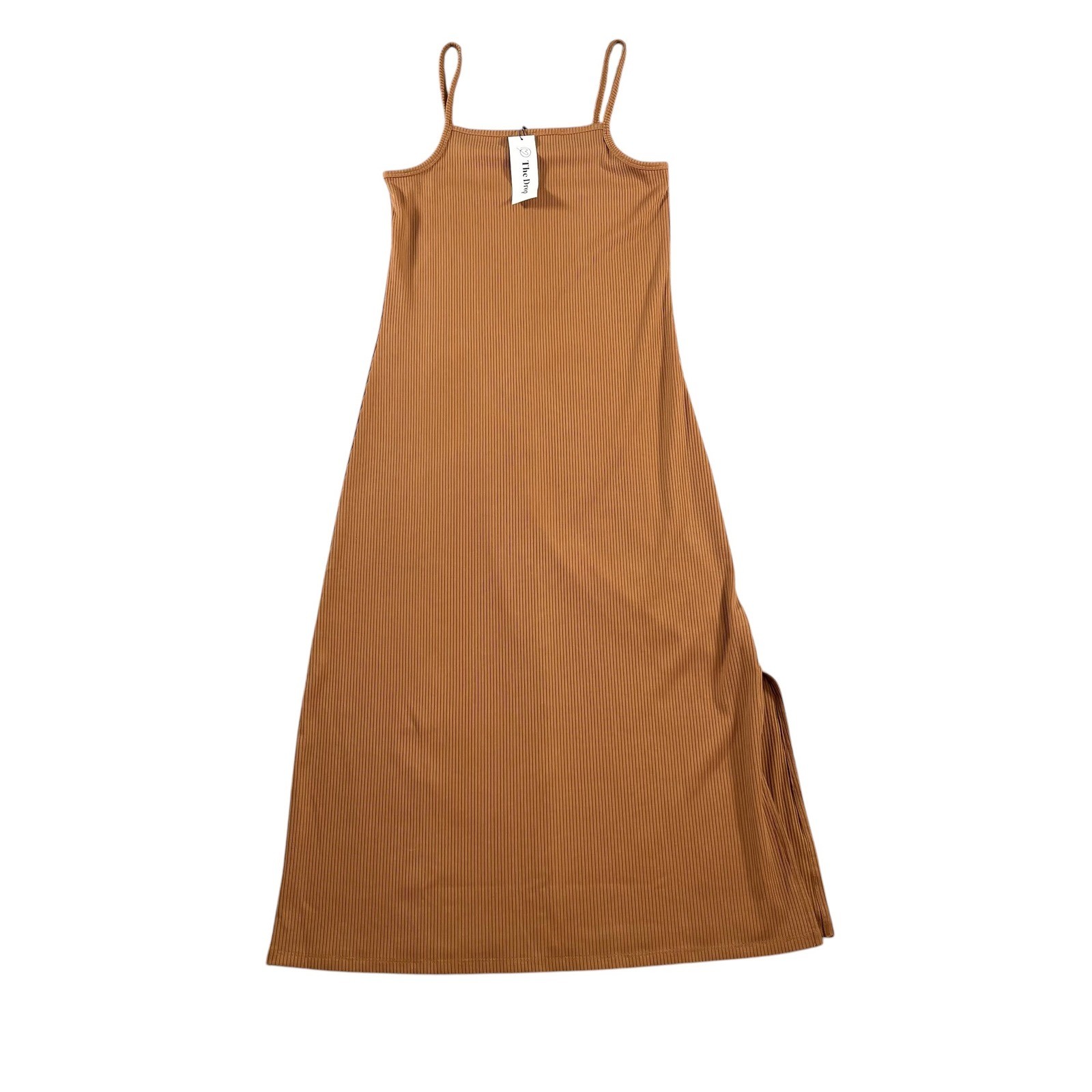 The Drop Leslie Toasted Ribbed Midi Dress XS Brown Spaghetti Strap Side Slit NEW