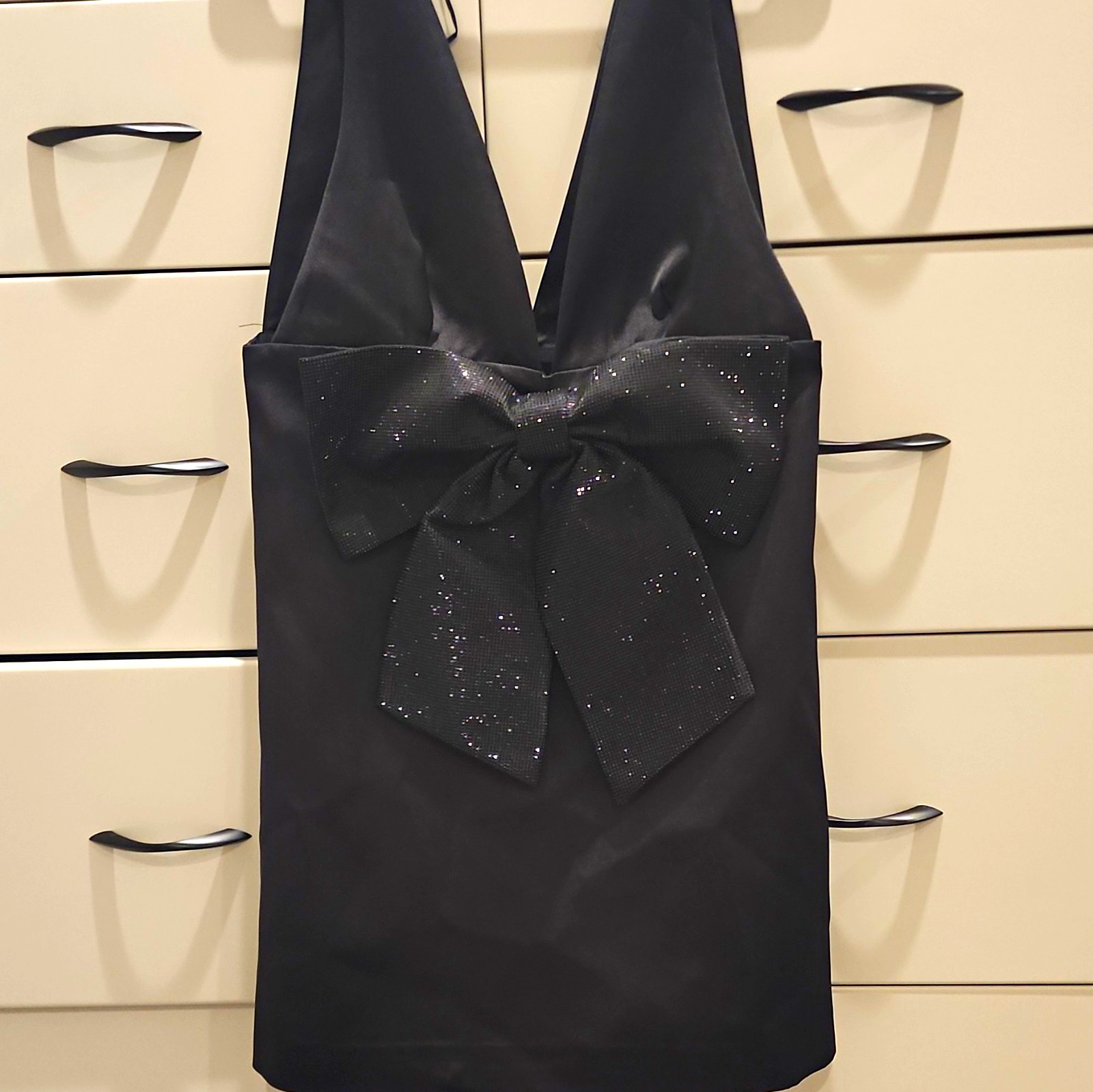 ZARA Black Satin V-Neck Sleeveless Bow Party/Cocktail Size L