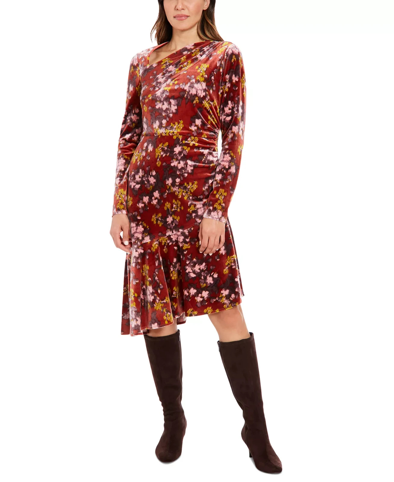 London Times Women’s Floral Velvet Asymmetric Dress MSRP $99