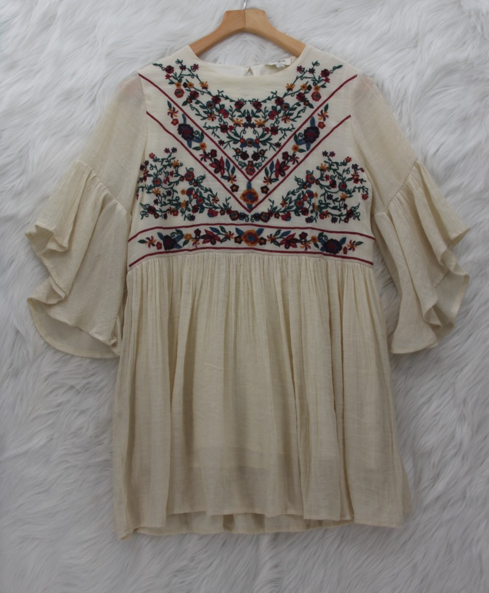 Umgee USA Dress Womens S Ivory Boho Embroidered Bell Sleeve Cottagecore Hippie
