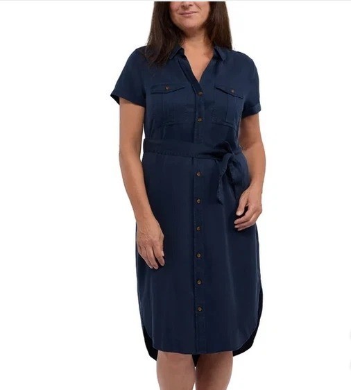 Teddy Rose Women’s L Navy Blue Button-Down Tencel Midi Shirt Dress Belted J1993