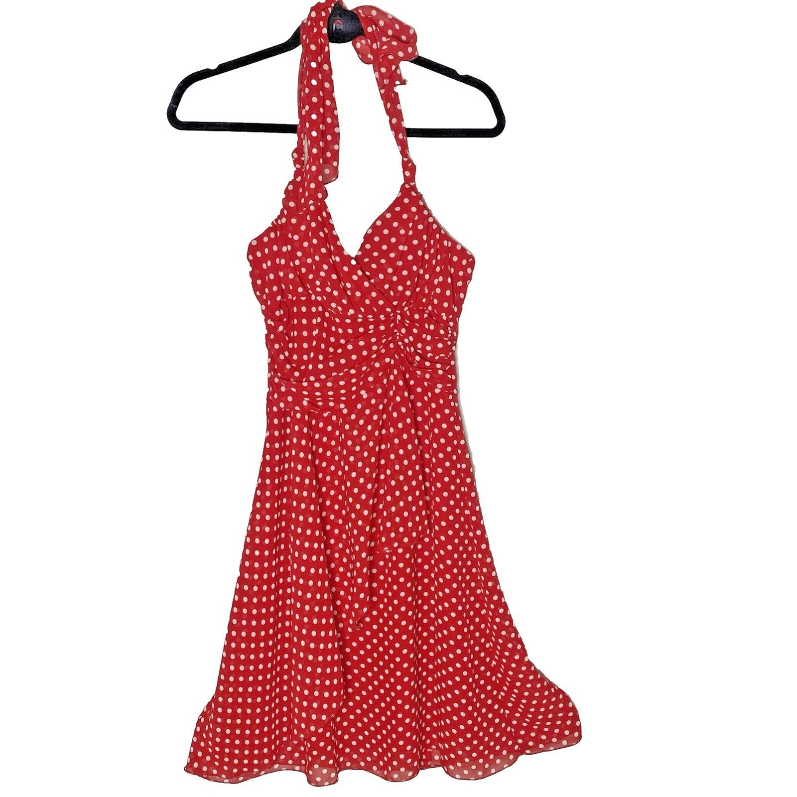 A Byer Polka Dot Halter Dress Womens 9 Surplice Faux Wrap Pinup Rockabilly Red