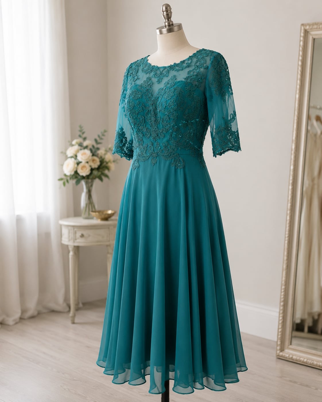 Miss Veil Teal Lace Embroidered Formal Dress Size NWT Sheer Sleeve Corset Back