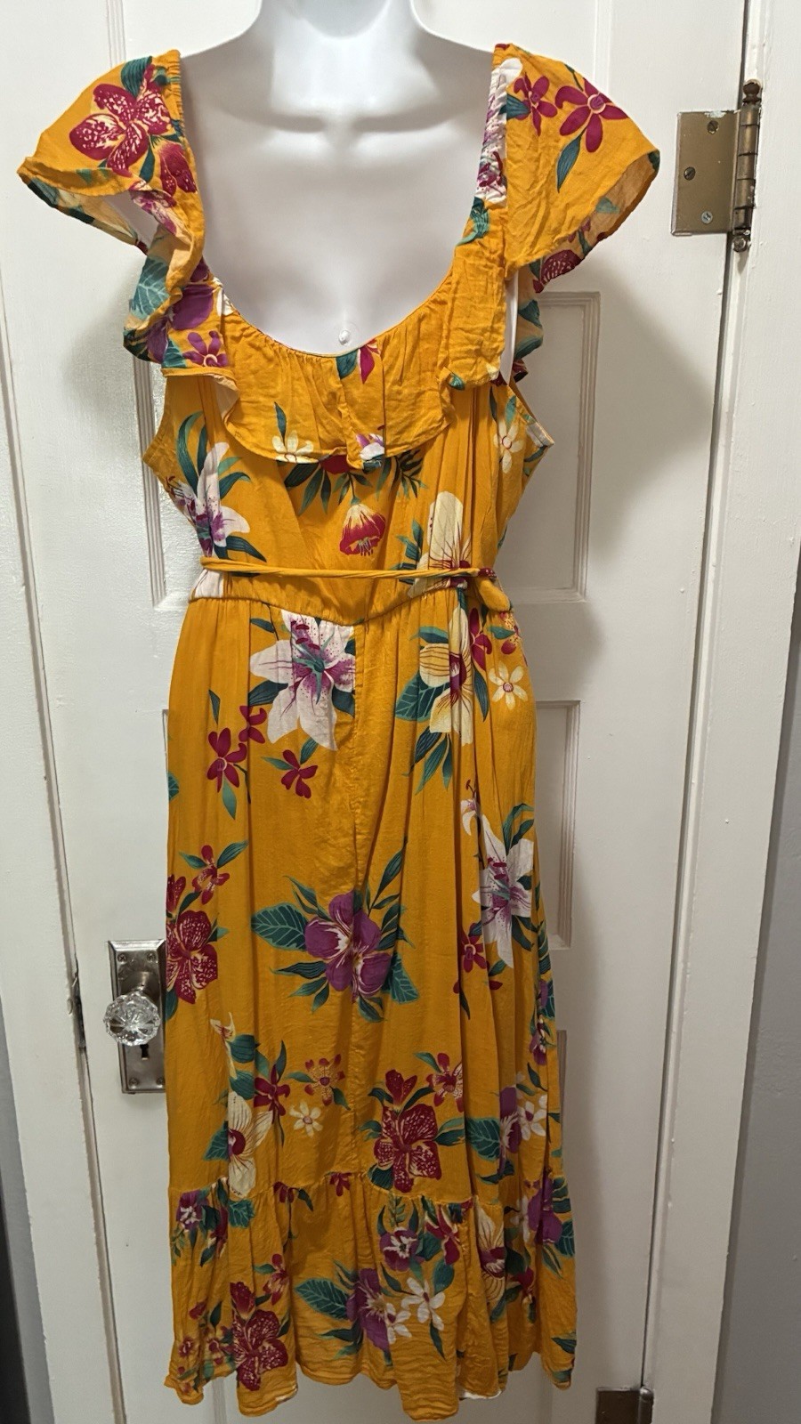 Old Navy Mustard Hawaiian Tropical Cotton Belt Cami Sun Dress Midi Resort L Luau