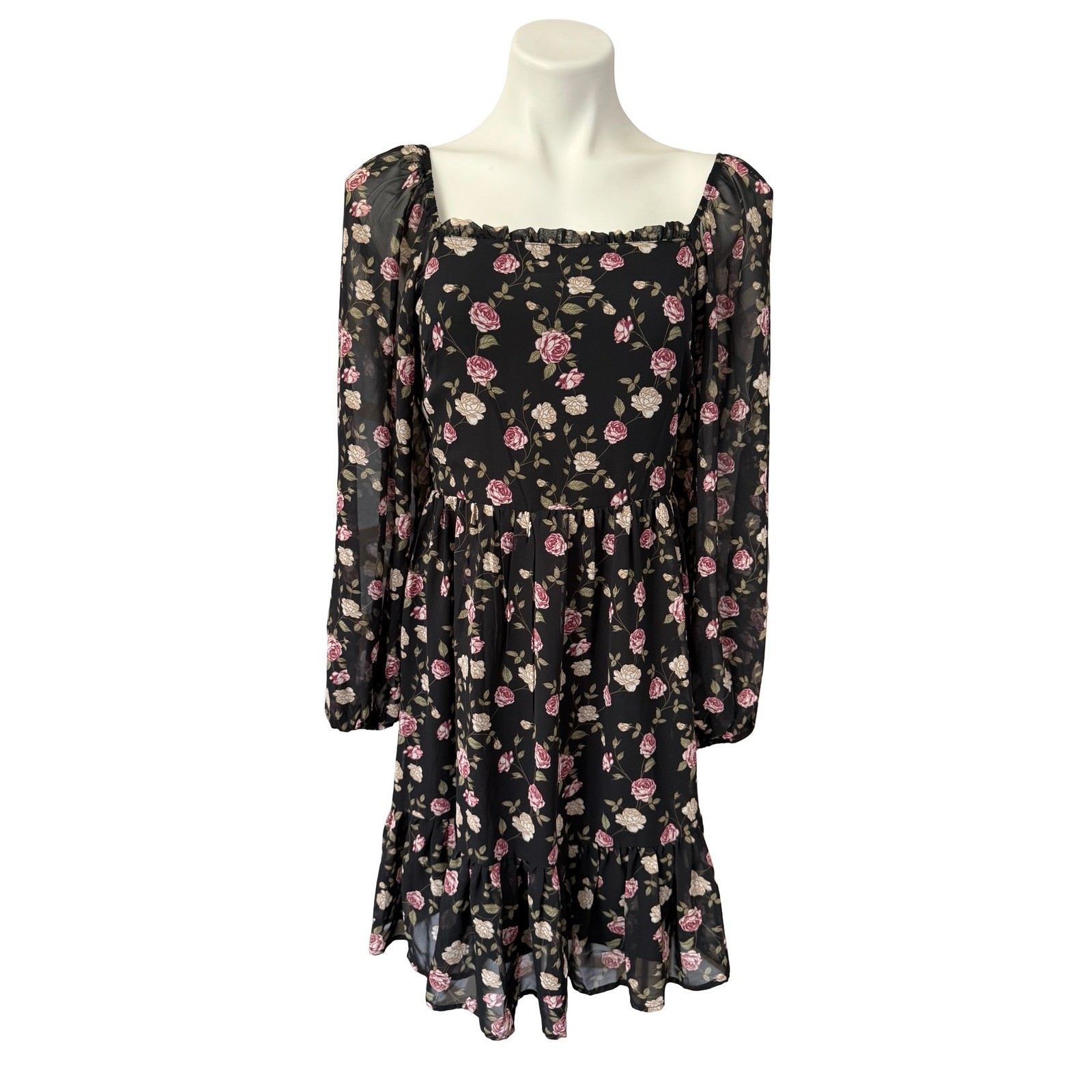 Celebrity Pink Black Floral Chiffon Mini Dress Long Sleeve Smocked Back Size M