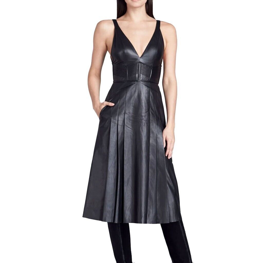 Women’s Genuine Lambskin Leather Black V neck Sleeveless Vintage Dress – 85
