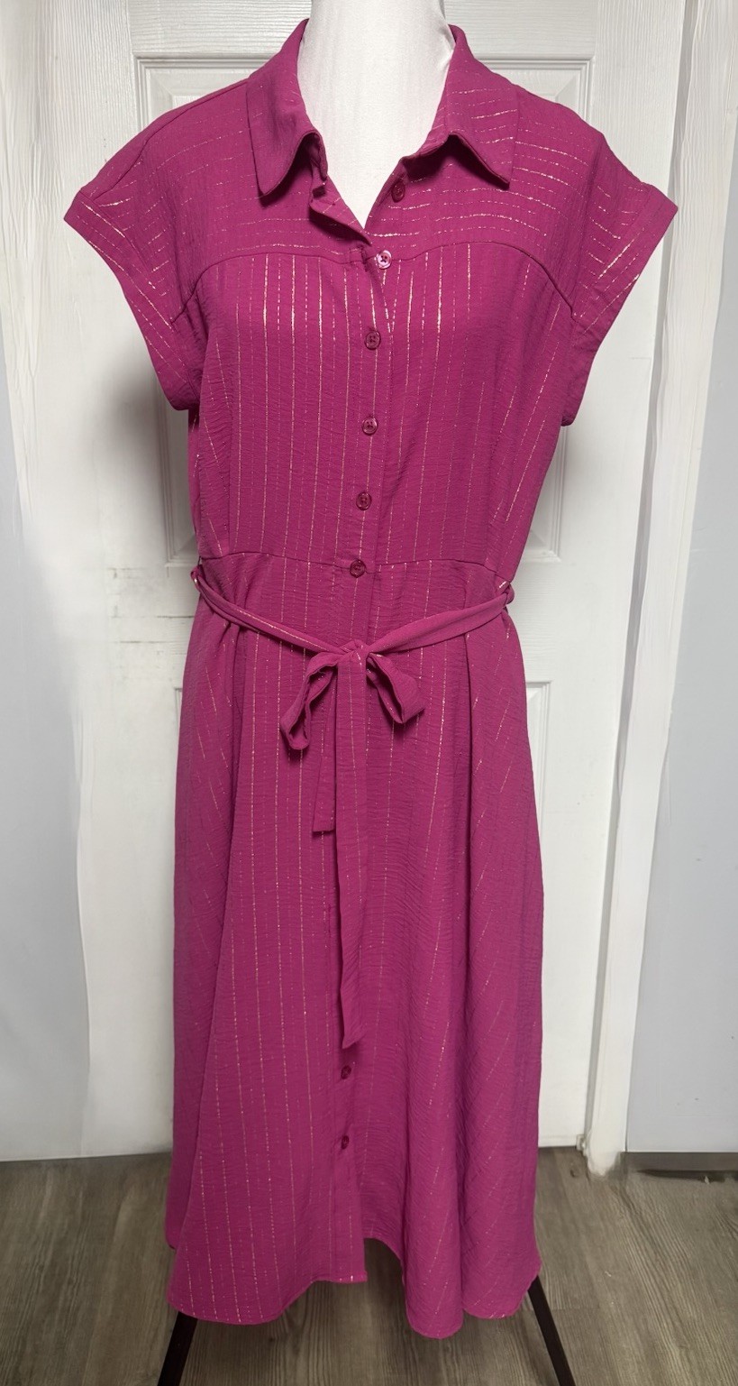 Nina Leonard Women’s Pink w/ Gold Pin-Stripes Accents Midi Dress. Size Large
