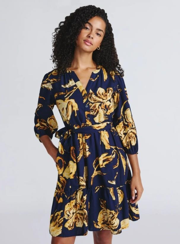NEW NWT Navy Blue Print Sz XS (0-2) Belted Shirt Dress Side Pockets TIME & TRU