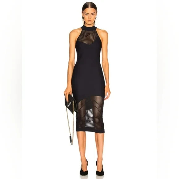 CUSHNIE ET OCHS Dark Navy Halter Mock Neck Stretch Knit Sheer Midi Dress S = 4/6