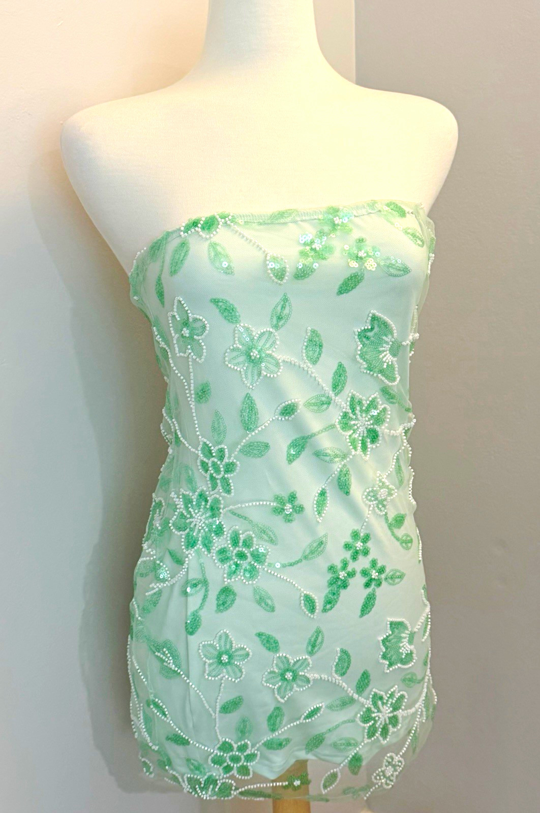Peppermayo Sage/White Floral Beaded Embroidered Mesh Strapless Mini Dress M