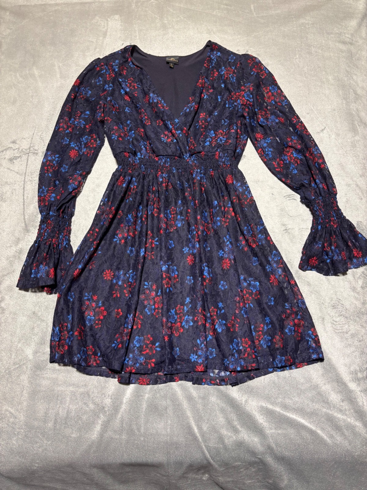 Disney Princess Womens L Blue Red Multicolor Floral Long Sleeve Lined Dress