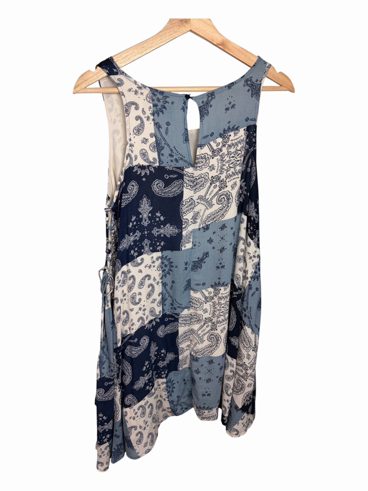 Vintage Havana Boho Patchwork Paisley Swing Dress Blue White Sleeveless Size S