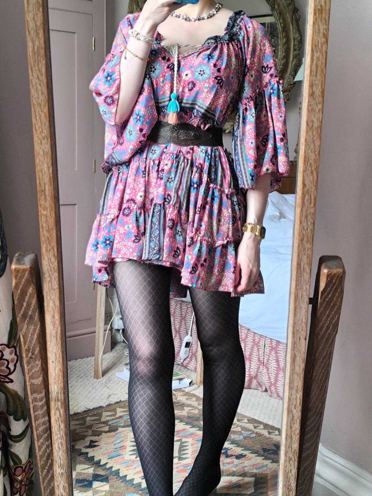 BOHO 70% SILK Flared Flounce Sleeve Tiered Tunic Paisley Mini Dress 8 10 12 14