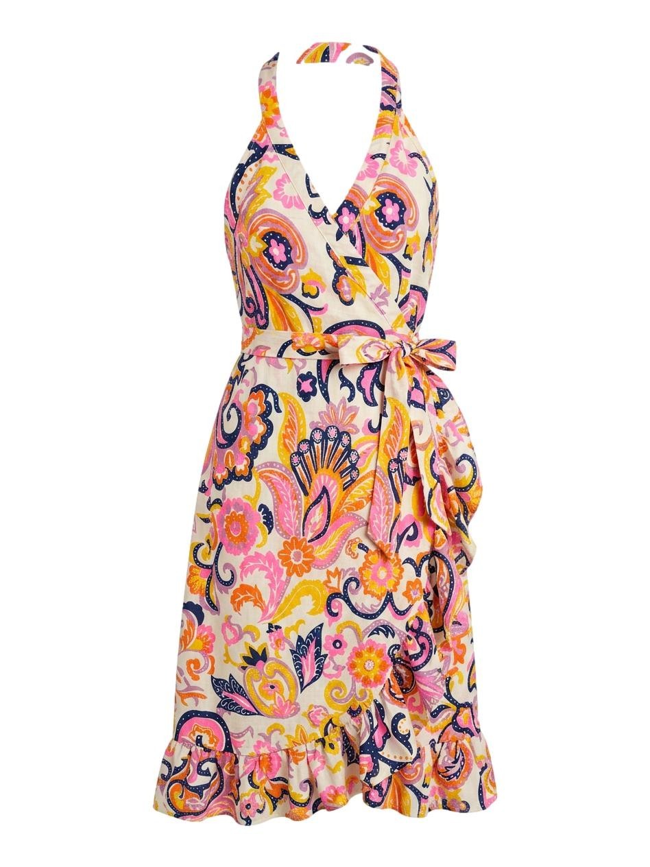 JB By Julie Brown Kaylah Paisley Linen Blend Halter Wrap Rush Midi Dress L