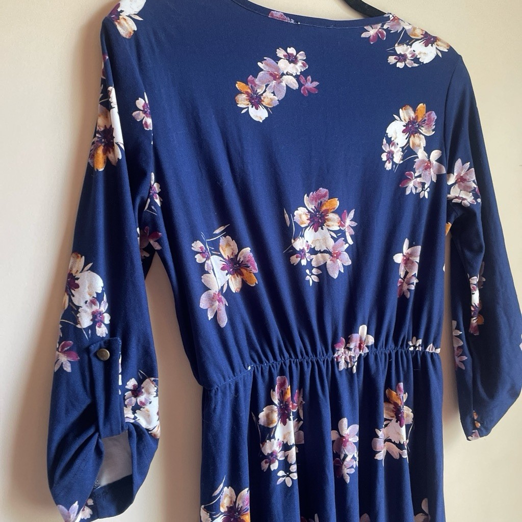 French Grey Navy Floral Knit A-Line Knee Dress M 3/4 Sleeve Stretch Pullover