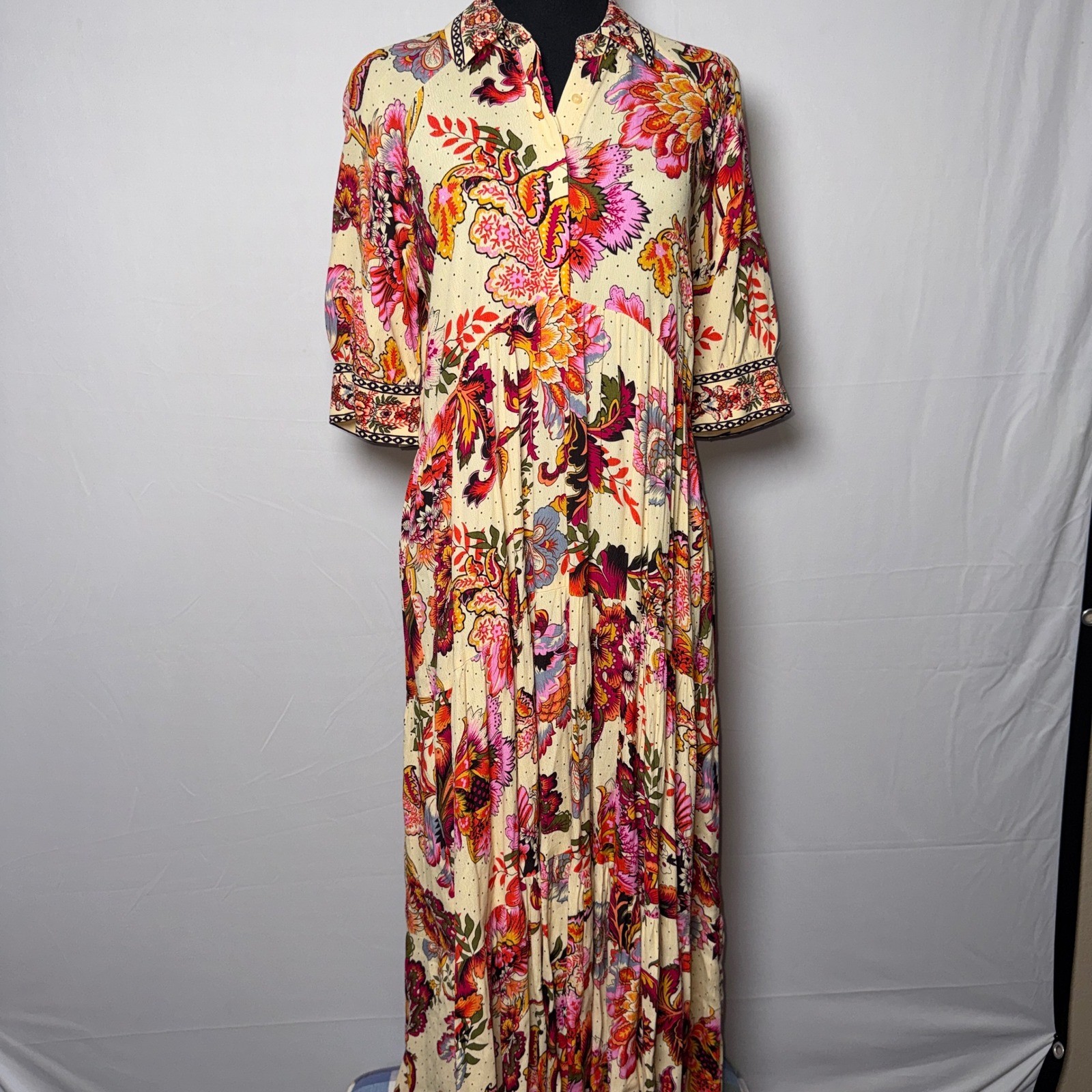 A Loves A Womens Floral Tiered Maxi Dress Cream Pink Orange Polka Dot XS Boho