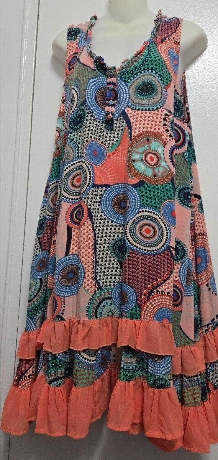 Caroline Morgan Dress Boho Flowy Sleeveless Plunged Neck Orange Multicolor Sz 18