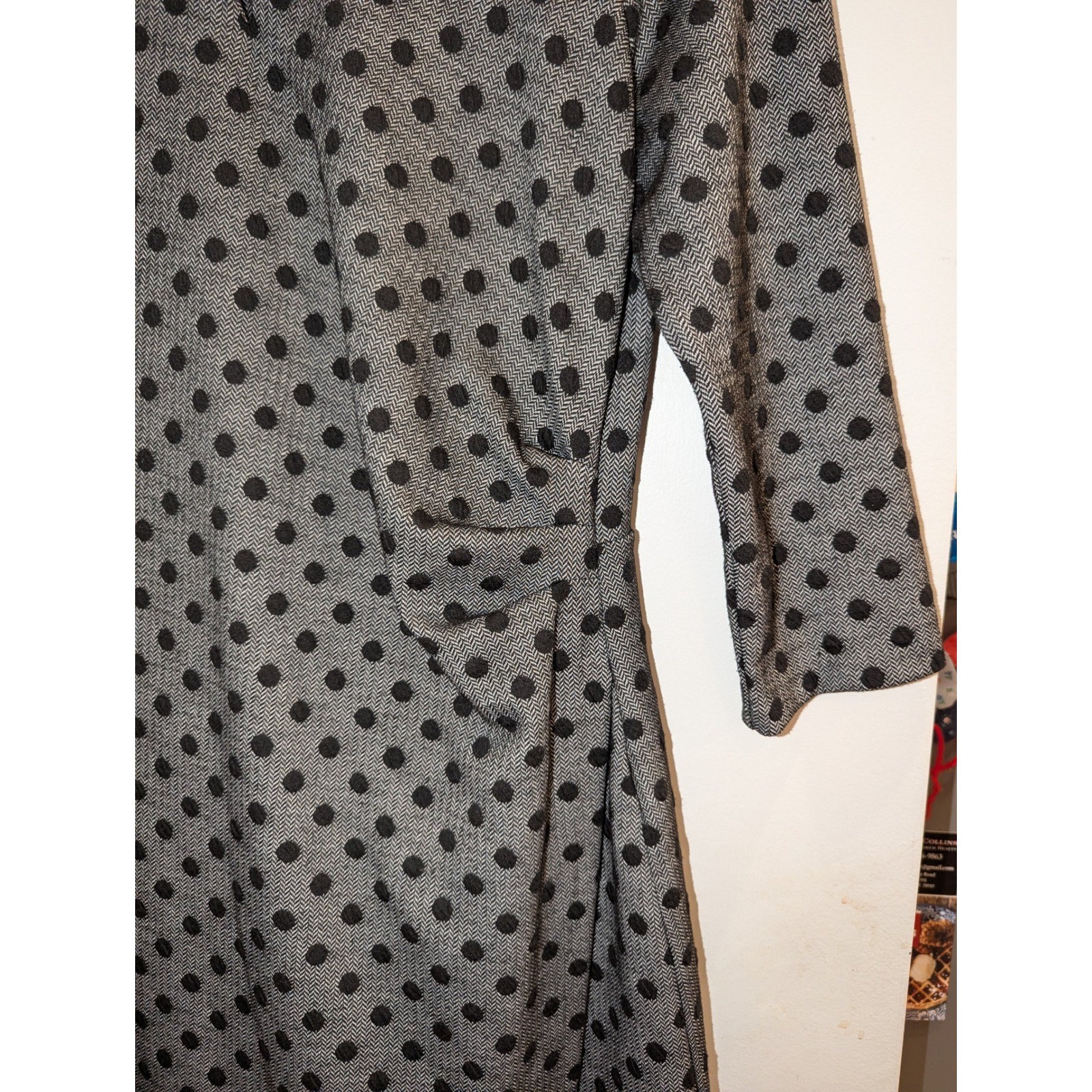 Talbots Black Polka Dot faux Wrap Dress 3/4 Sleeve Boat Neck Women’s Size M