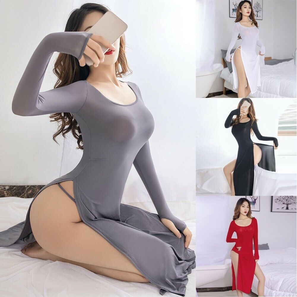 Womens Sexy High Side Split Elastic Dress Bodycon Sheer See-through Clubwear