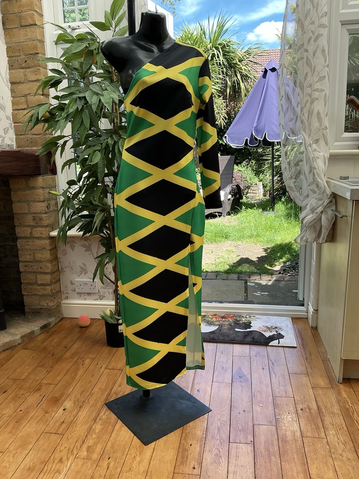Diamond Print, Jamaican National flag Print one arm maxi Dress…Size L…12-14