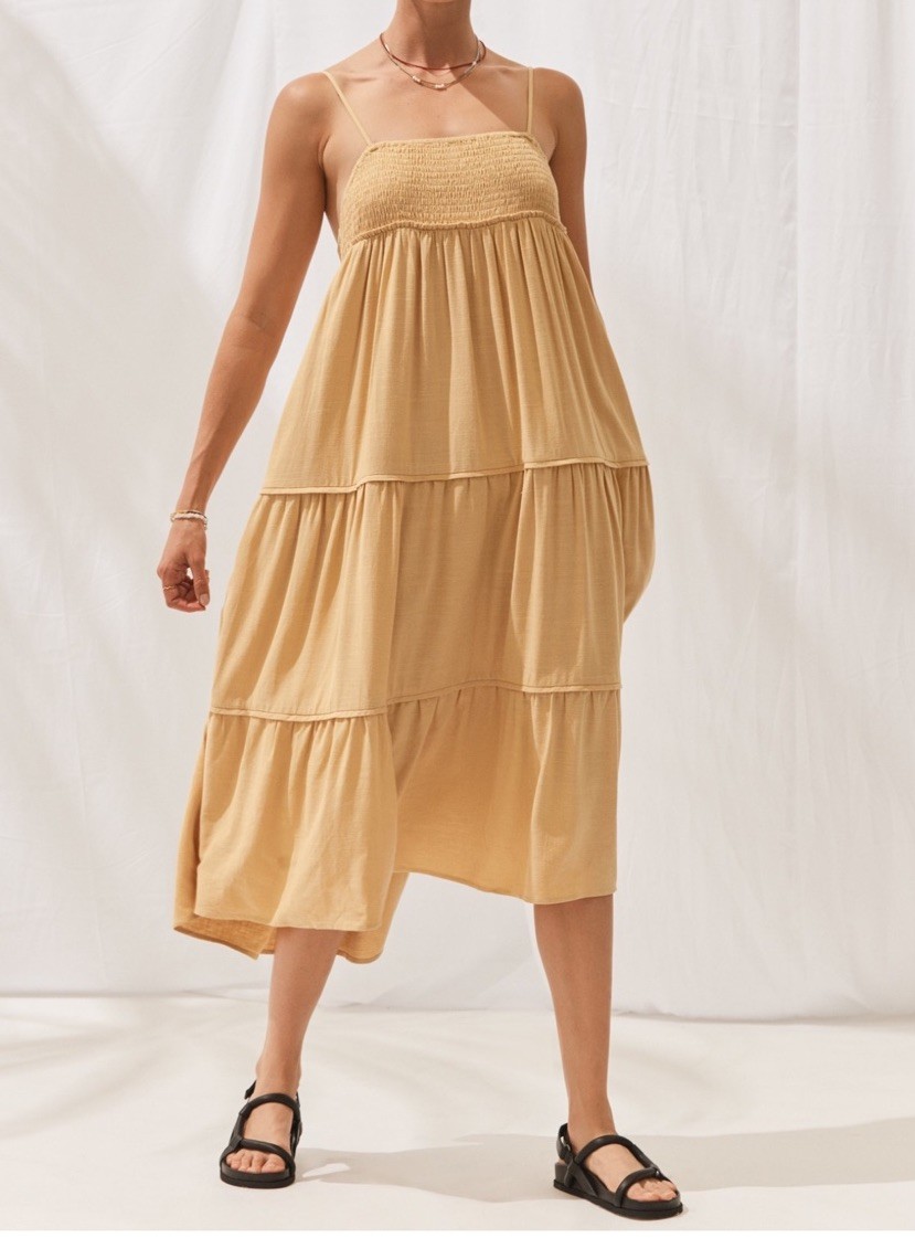 Sancia Women’s Saffron Linen Saskia Midi Dress Shirred Panel Side Pockets Size S