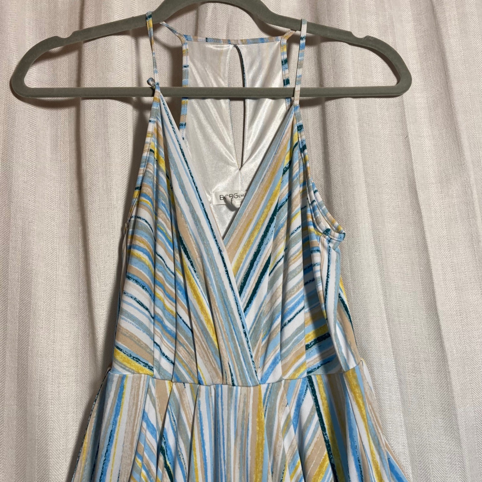 BCBGeneration Blue Yellow Striped Draped Pocket Midi Dress XS Sleeveless V-Neck