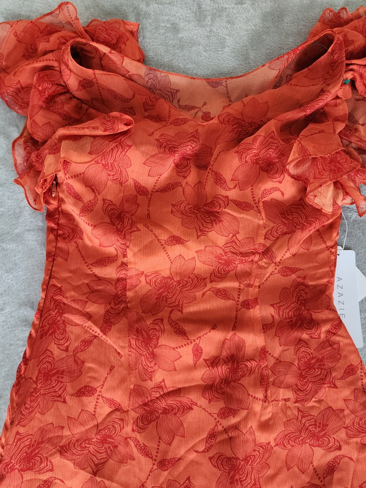 Azazie Atelier Amaria Orange Floral Ruffle Maxi Dress, Zip Closure, Women 10