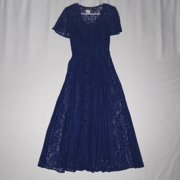 All That Jazz 90s Dress Jrs 9/10 Blue Lace Sheer Lined Midi Flutter Maxi Prom