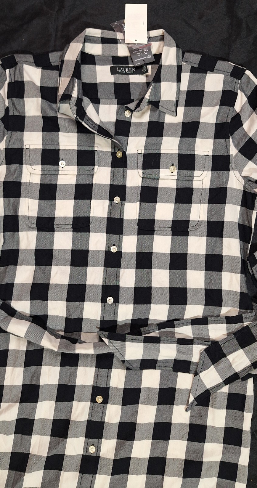 Ralph Lauren Women Black And White Plaid Flannel Dress Size 12 Side Pockets