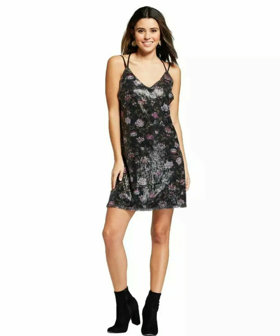 Sequin Dress Black Floral Juniors Sz XXL Spaghetti T-Strap V-Neck Xhilaration