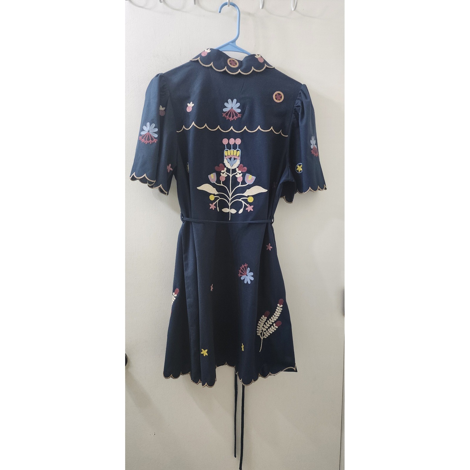 MABLE Navy Blue Embroidered Scalloped Linen Blend Mini Shirt Dress MD4896A M