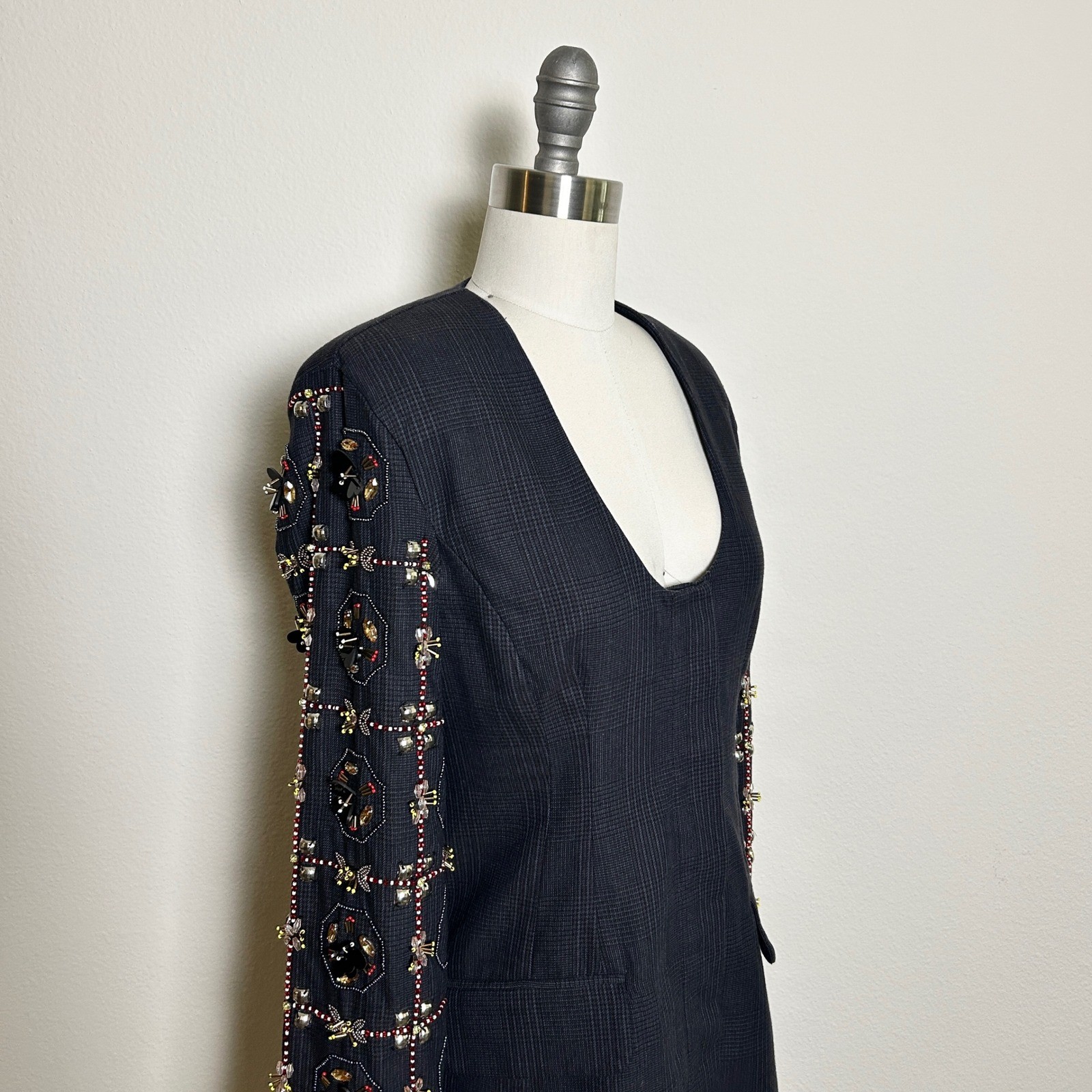 NWT Maeve Long Sleeve Embellished Blazer Mini Dress Black Plunging Neckline XXS