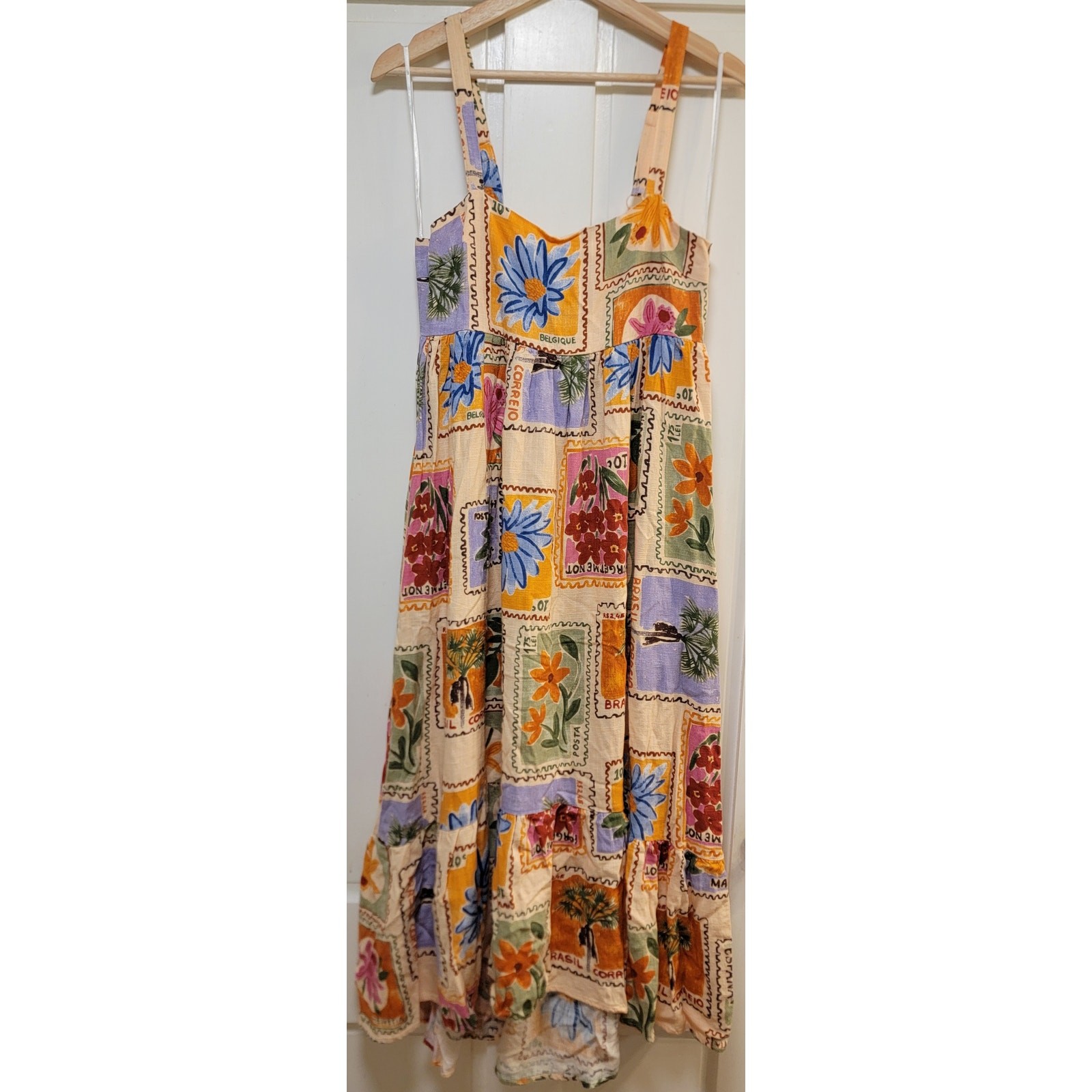 Paper Heart Anthropologie Floral Stamp Postcard Linen-Blend Maxi Dress – Small