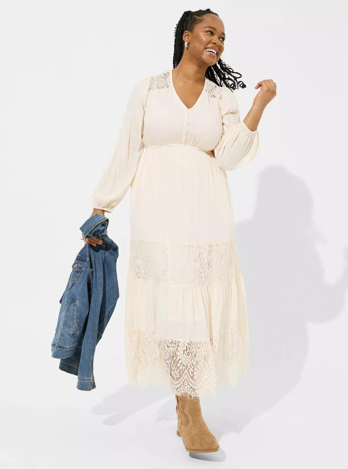 Torrid NWT Plus Size 1X Ivory Swiss Dot Lace Contrast Tiered Maxi Dress Romantic