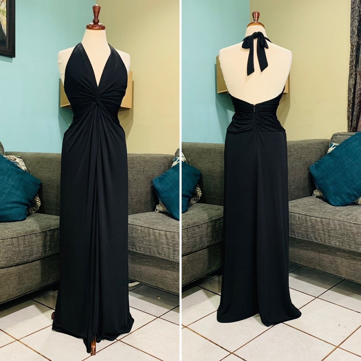 BCBGMAXAZRIA Black Twist Front Halter Maxi Dress Size XS Ruched Open Back Prom